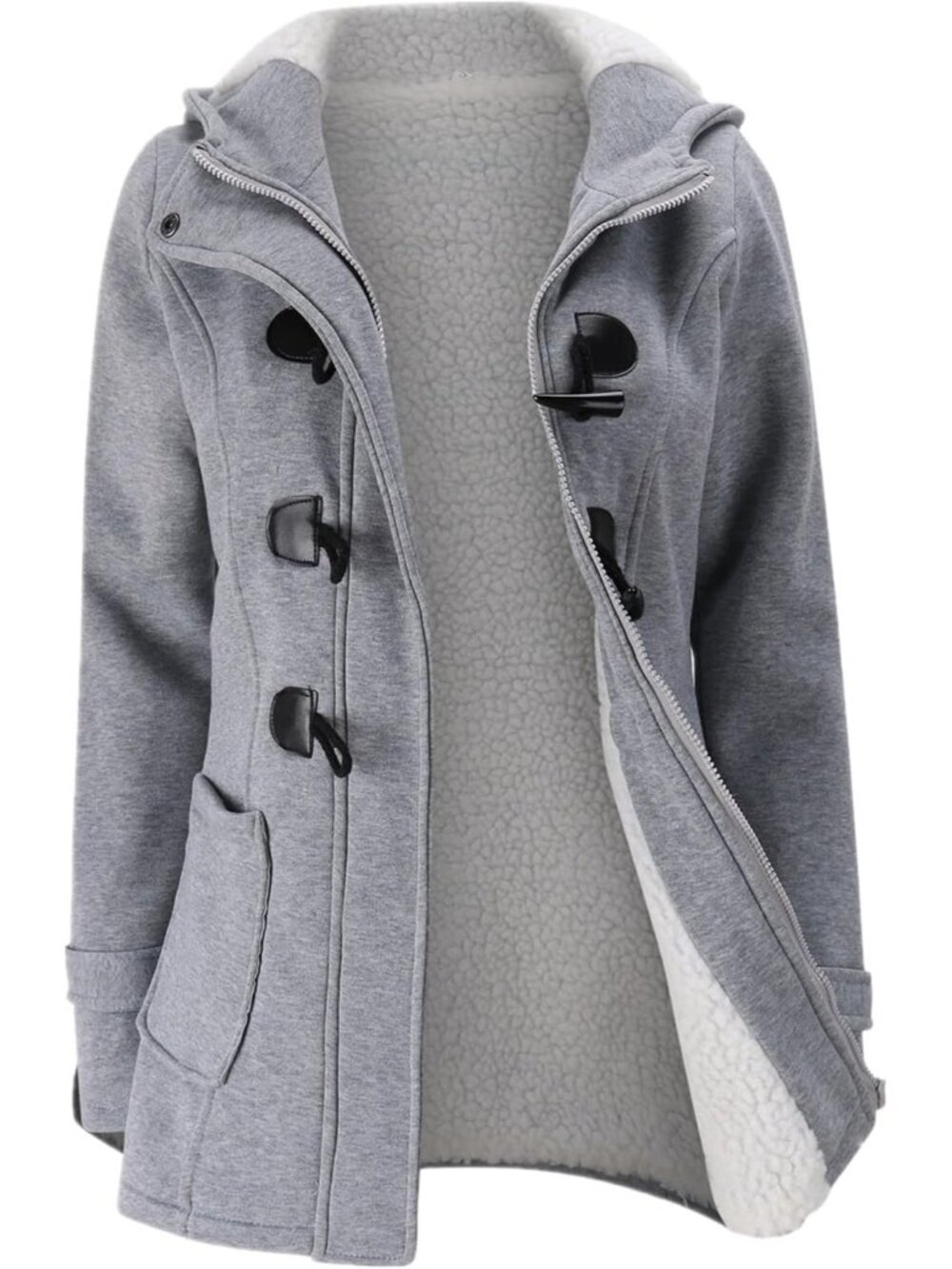 Women Ligh-gray Attached Hood Pockets Horn-button Toggle Full Zipper Warm Jacket